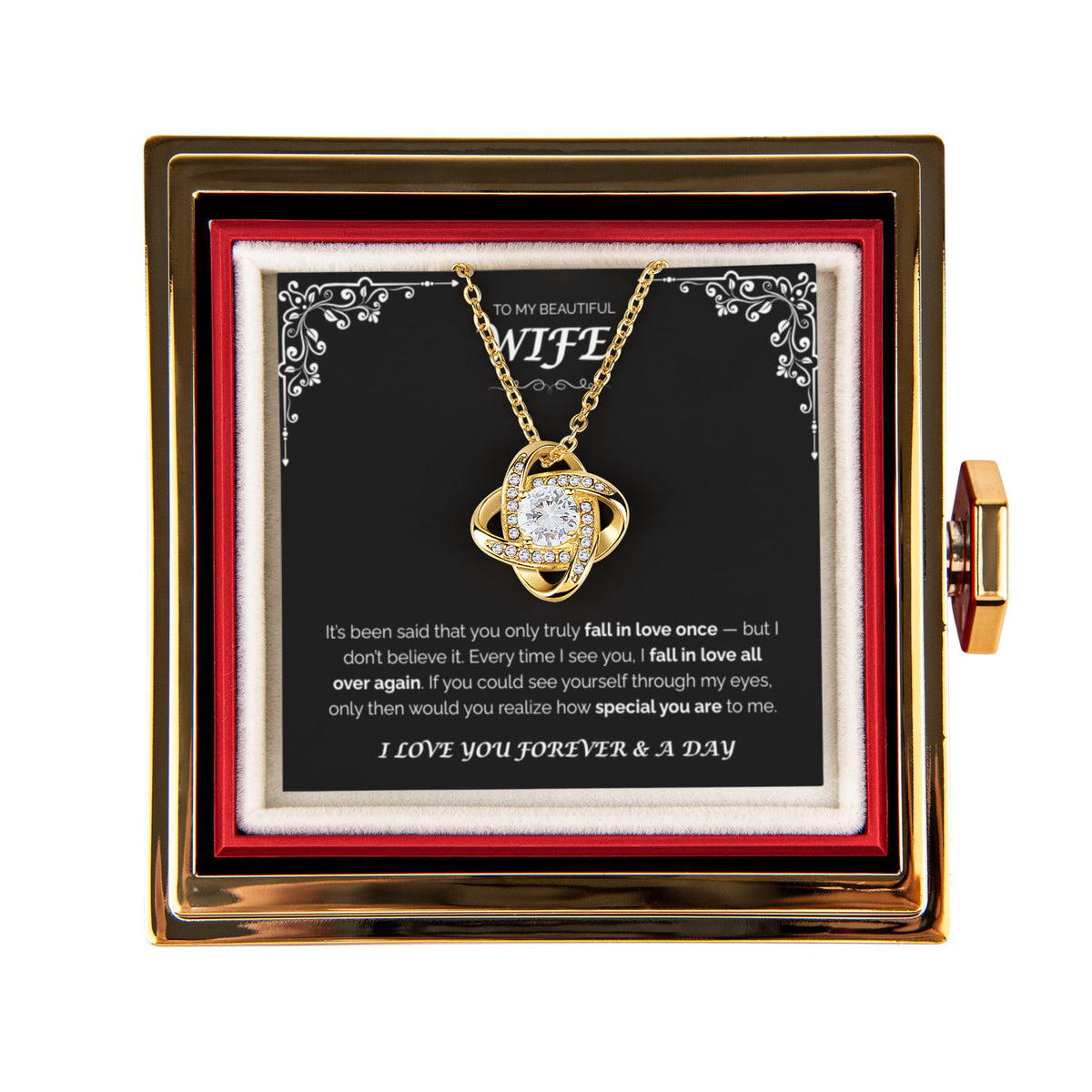 To My Beautiful Wife — Love You All Over Again, Rotating Rose with Love Knot Necklace