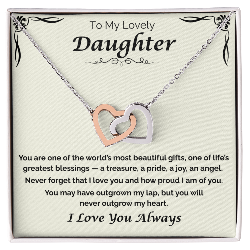 To My Lovely Daughter — Never Outgrow My Heart, Interlocking Hearts Necklace