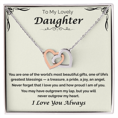 To My Lovely Daughter — Never Outgrow My Heart, Interlocking Hearts Necklace
