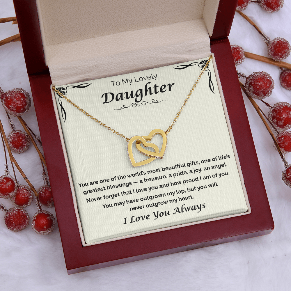 To My Lovely Daughter — Never Outgrow My Heart, Interlocking Hearts Necklace
