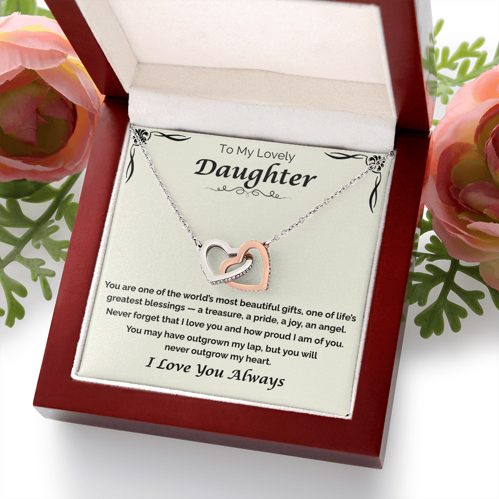 To My Lovely Daughter — Never Outgrow My Heart, Interlocking Hearts Necklace