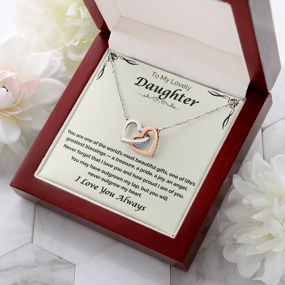 To My Lovely Daughter — Never Outgrow My Heart, Interlocking Hearts Necklace