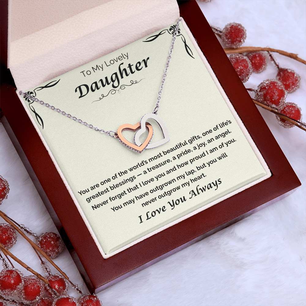 To My Lovely Daughter — Never Outgrow My Heart, Interlocking Hearts Necklace