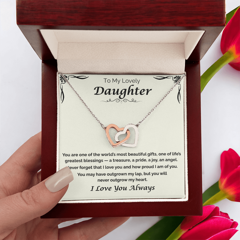 To My Lovely Daughter — Never Outgrow My Heart, Interlocking Hearts Necklace