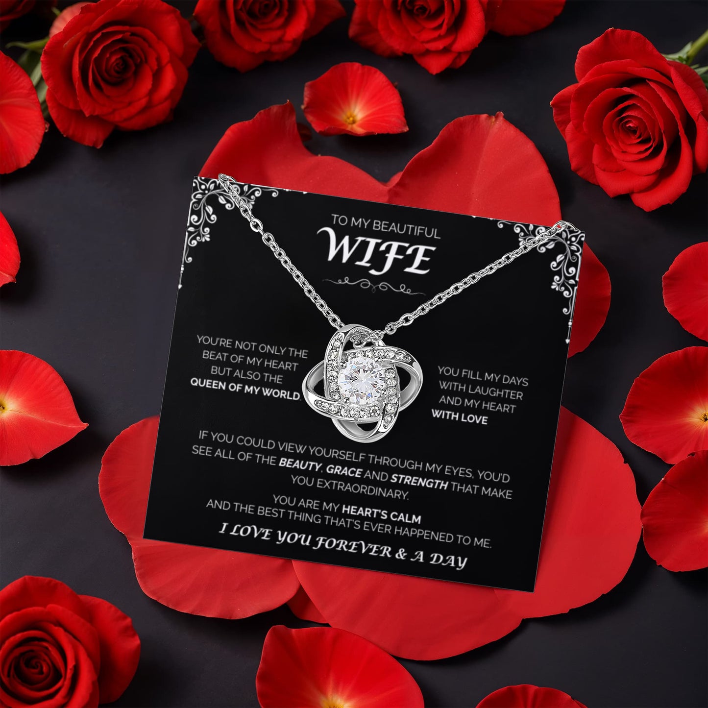 To My Beutiful WIfe - Queen of My World, Rotating Rose with Love Knot Necklace