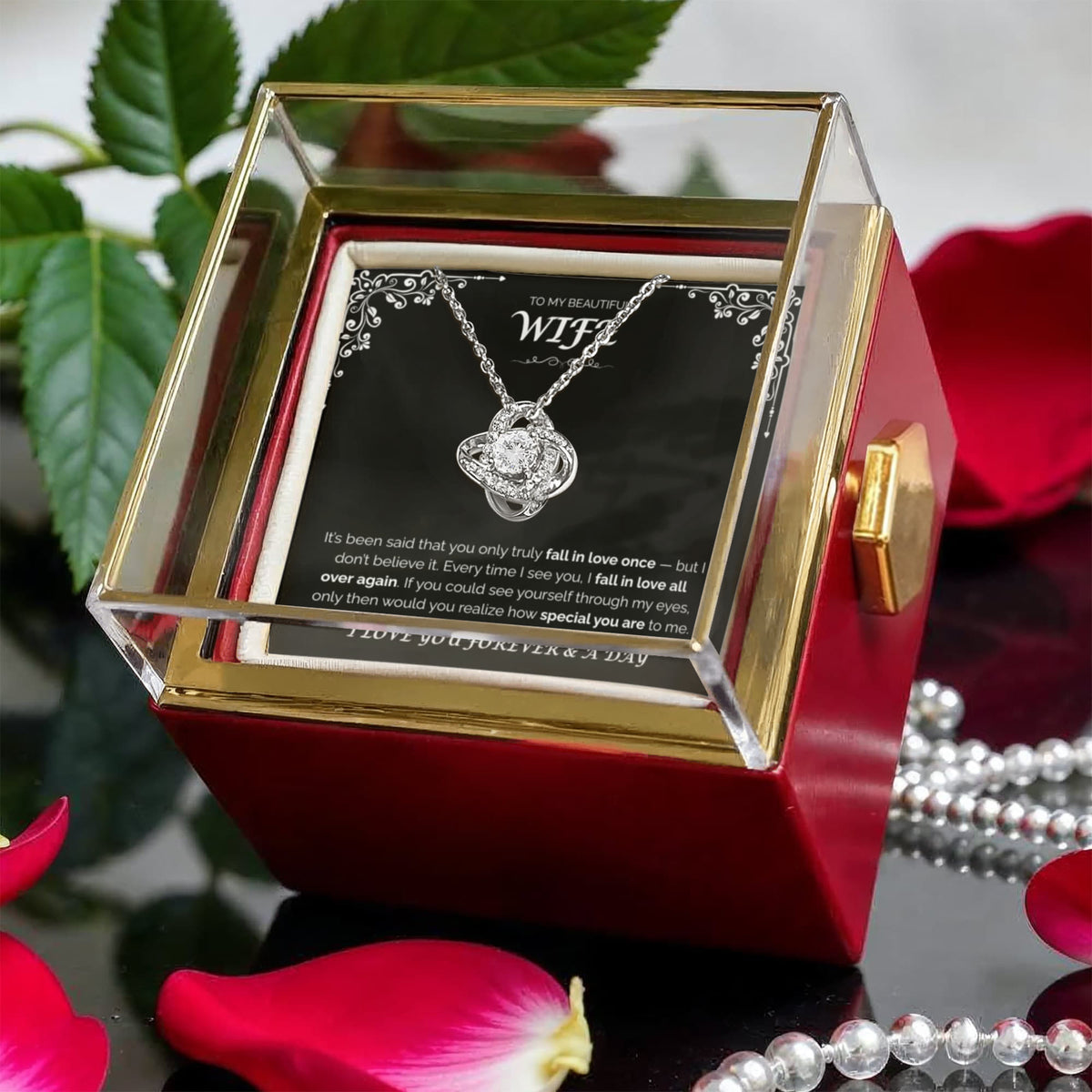 To My Beautiful Wife  — Love You All Over Again, Rotating Rose with Love Knot Necklace