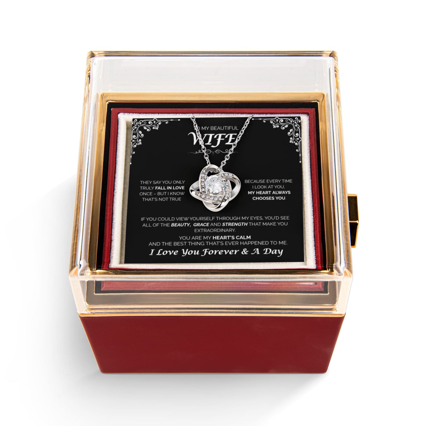 To My Beautiful Wife - My Heart Always Chooses You, Rotating Rose with Love Knot Necklace