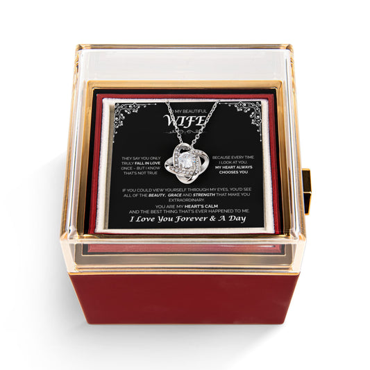 To My Beautiful Wife - My Heart Always Chooses You, Rotating Rose with Love Knot Necklace